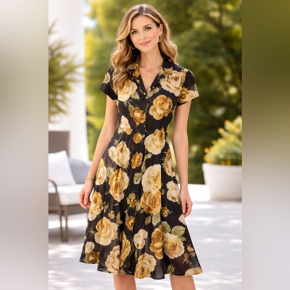 J. Peterman Dresses & Skirts - Rare Vintage J Peterman Black Silk Floral Midi Dress Yellow Rose Print